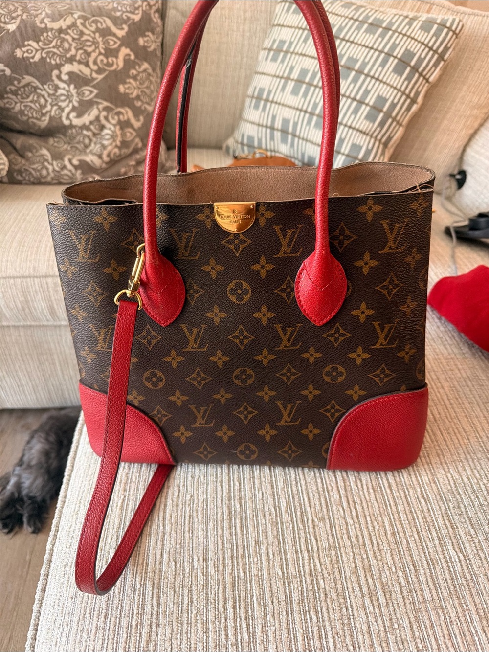 Louis Vuitton Monogram Canvas Tote with Red Leather Trim
